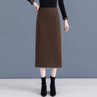 啄木鸟毛呢半身裙女秋冬季 开叉一步长裙子 高腰显瘦配毛衣中长款