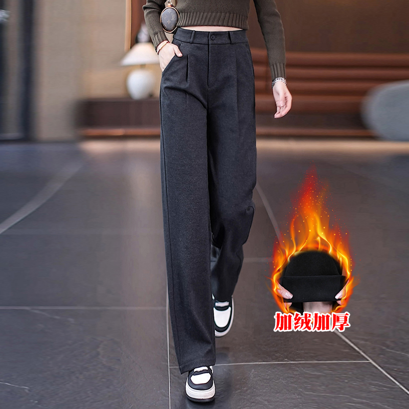 啄木鸟加绒加厚毛呢阔腿裤女秋冬新款高腰垂感休闲窄版直筒西装裤