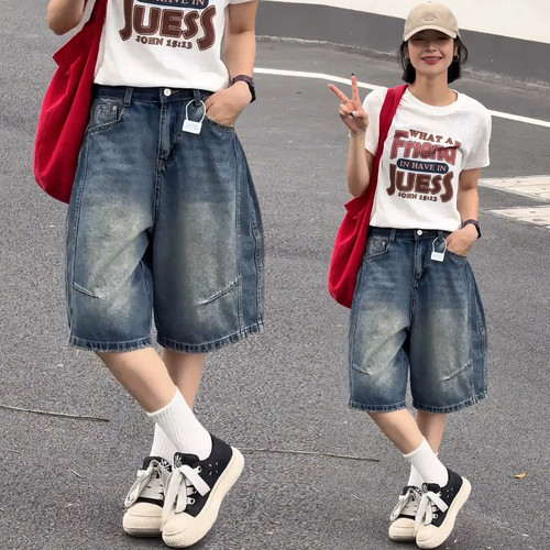 啄木鸟五分牛仔短裤女夏季薄款2026年新款高腰休闲中裤阔腿六分裤