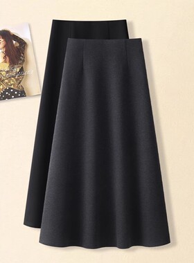 啄木鸟毛呢半身裙女春秋新款高腰遮跨a字中长款裙深灰伞裙冬加绒