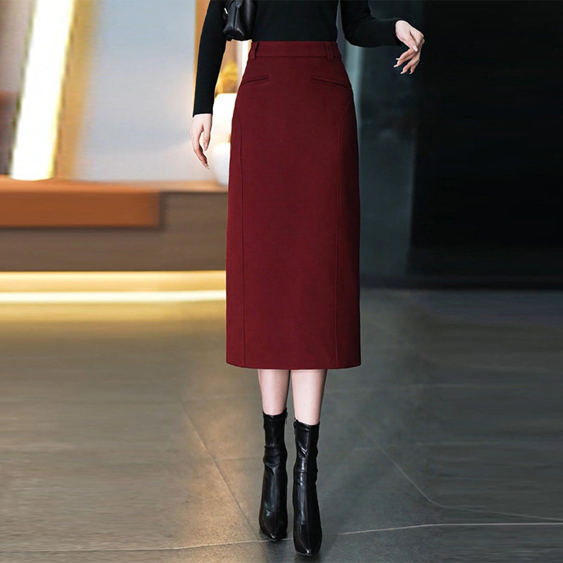 啄木鸟安哥拉红毛呢半身裙女秋冬气质高腰显瘦中长款直筒包臀裙