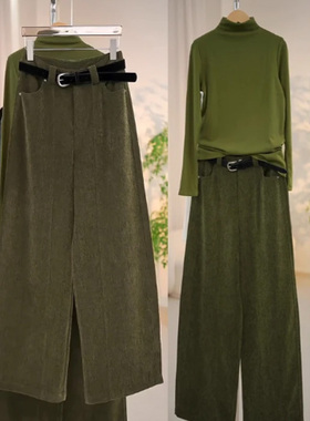 啄木鸟复古芥绿色灯芯绒阔腿裤女秋冬季休闲裤子加厚条绒弯刀裤