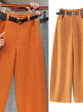 啄木鸟灰色毛呢弯刀裤女2025秋冬季新款高腰宽松加厚直筒阔腿裤子