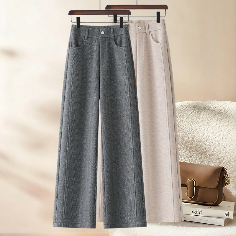 啄木鸟米杏色阔腿裤女秋季休闲裤高腰宽松显瘦垂感直筒长裤