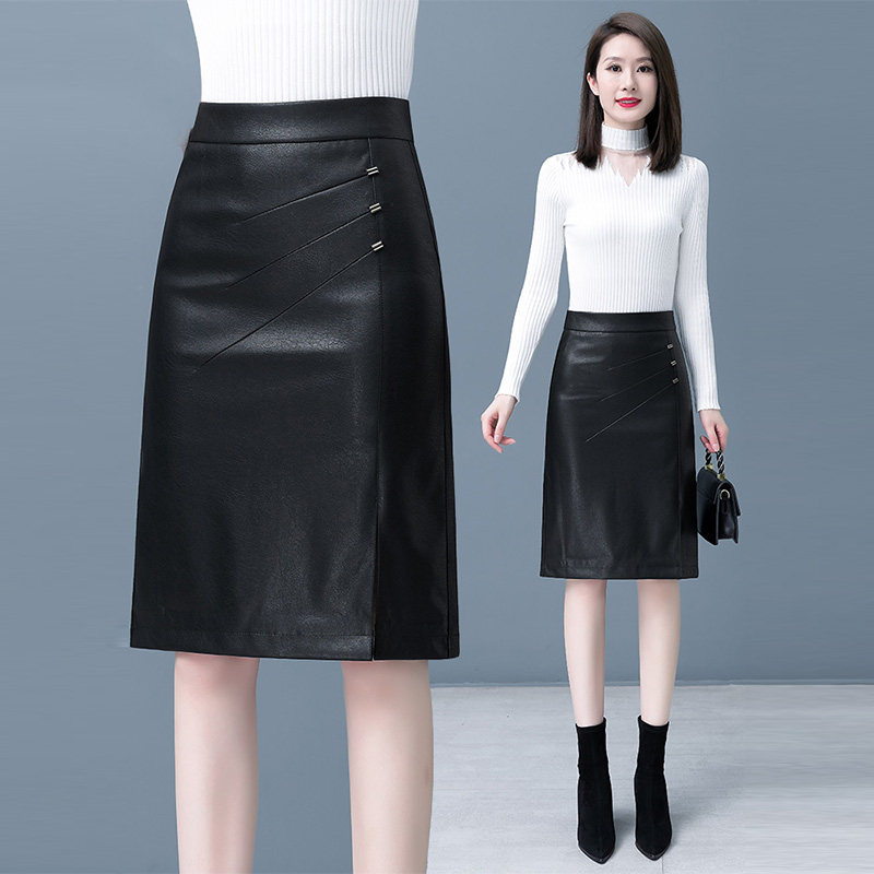 啄木鸟黑色皮裙半身裙女中长款秋冬不规则高腰时尚包臀a字中裙