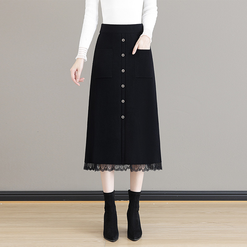 啄木鸟针织半身裙女秋冬中长款高腰蕾丝大码毛线裙一步包臀裙子