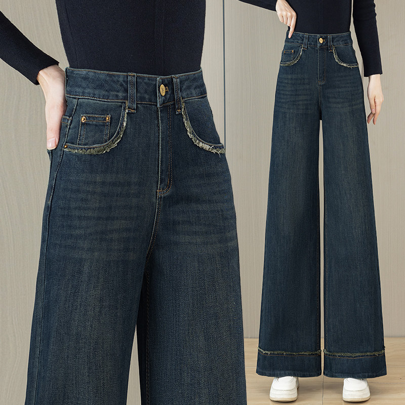 啄木鸟牛仔阔腿裤女春秋新款高腰宽松直筒裤百搭休闲冬季加绒裤子