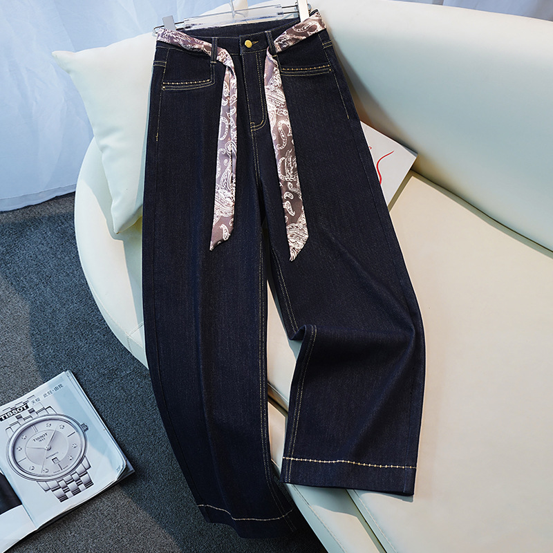 啄木鸟窄版阔腿牛仔裤女丹宁色春秋高腰休闲流行穿搭女士直筒裤