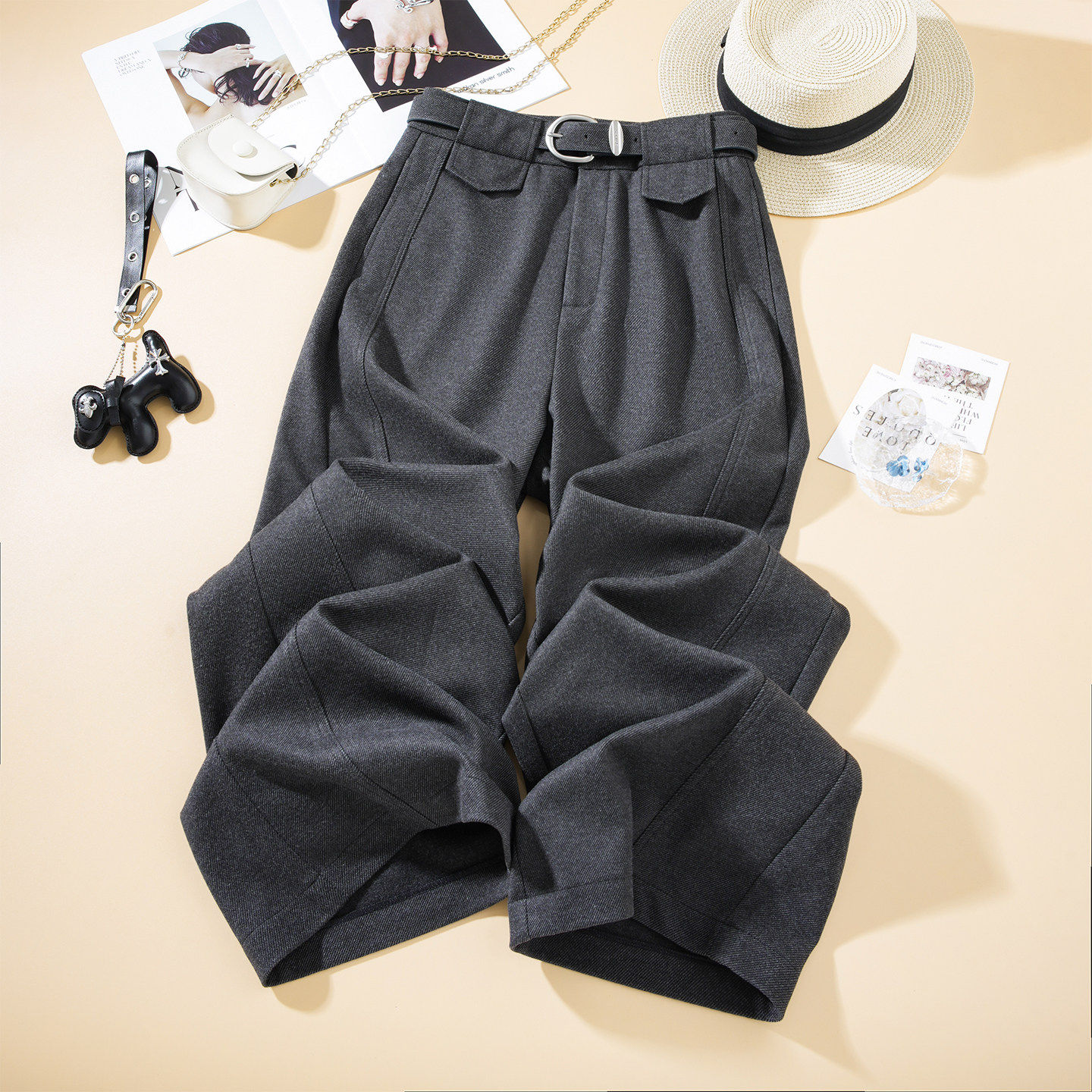 啄木鸟毛呢阔腿裤女2025秋冬新款高腰显瘦垂宽松休闲裤