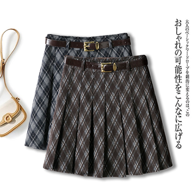 啄木鸟格子毛呢半身裙女秋冬高腰显瘦百搭A字防走光短裙百褶裙