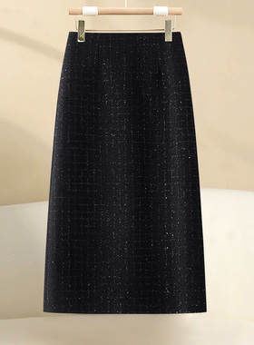 啄木鸟小香风毛呢半身裙女春秋款直筒包臀裙亮片a字裙粗花呢冬裙