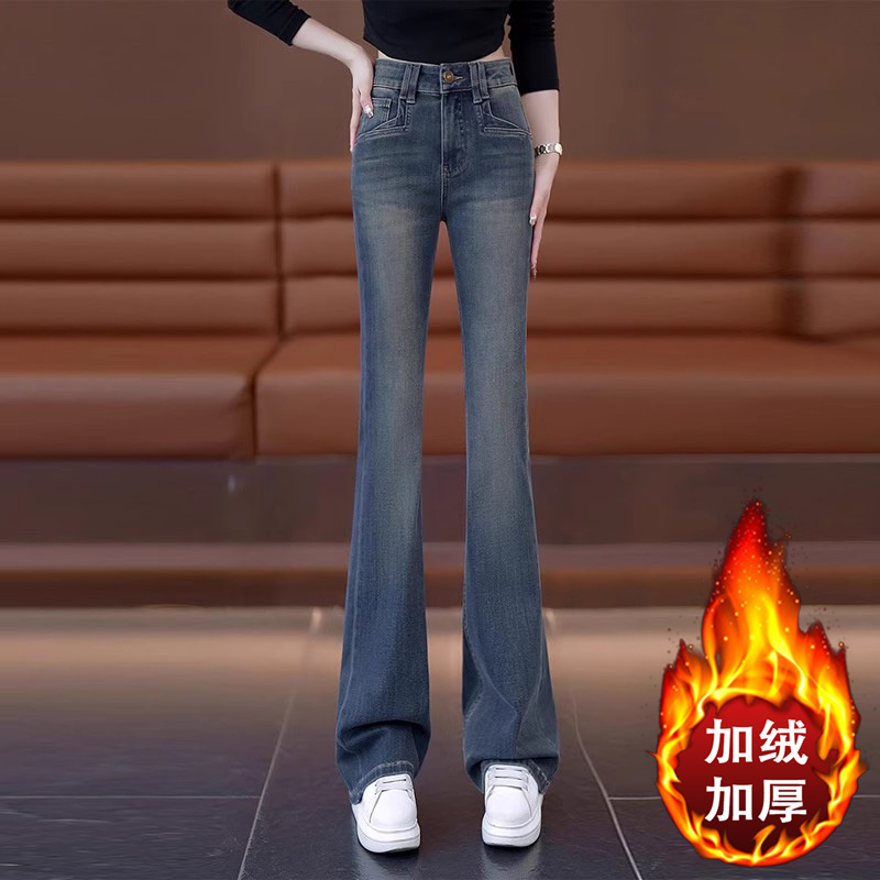 啄木鸟微喇牛仔裤女秋冬季新款高腰休闲裤时尚显瘦加绒直筒喇叭裤