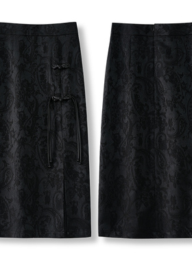 啄木鸟新中式半身裙女春秋季新款高腰a字中长款提花国风包臀裙子