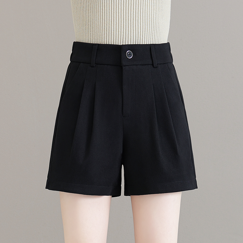 啄木鸟毛呢短裤女秋冬季新款小个子高腰A字宽松阔腿西装五分裤