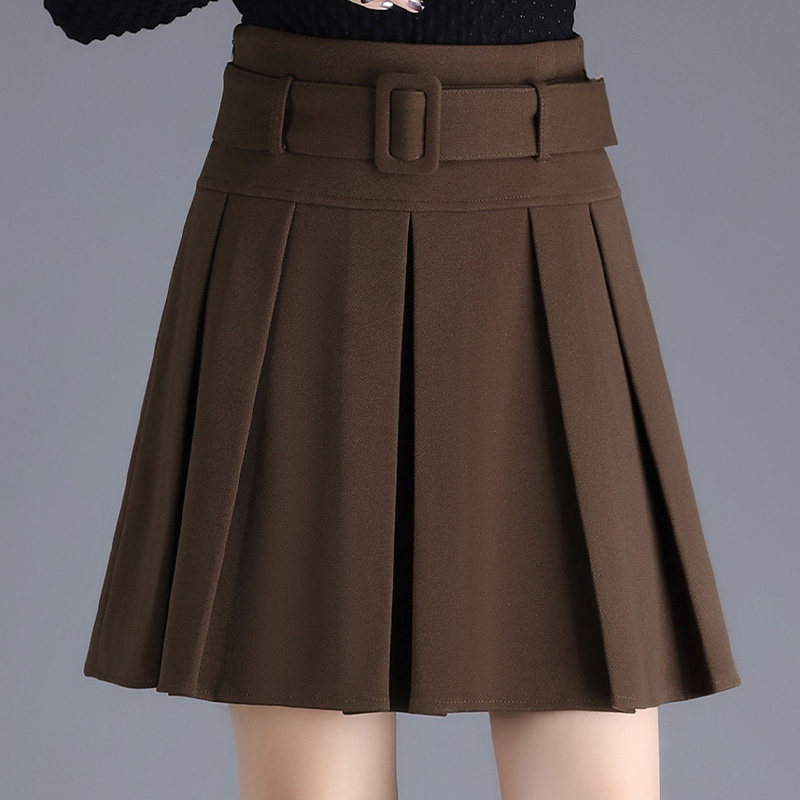 啄木鸟毛呢半身裙小个子百褶女裙子春秋冬爆款高腰A字半裙短裙