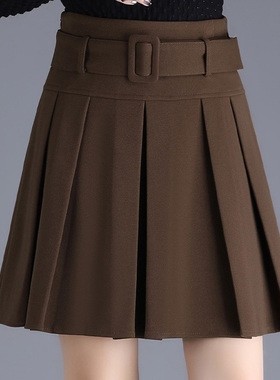 啄木鸟毛呢半身裙小个子百褶女裙子春秋冬爆款高腰A字半裙短裙