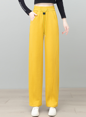 啄木鸟黄色直筒弯刀裤女秋季休闲运动卫裤宽松显瘦高腰镰刀裤子