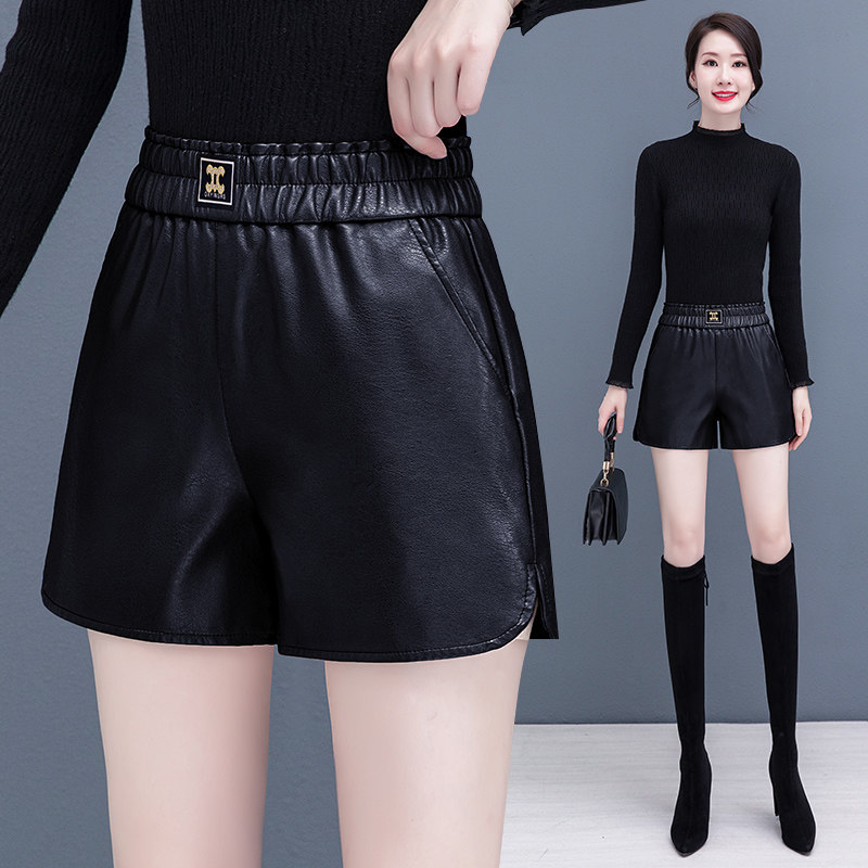 啄木鸟高腰黑色pu皮短裤秋冬百搭松紧腰小个子皮裤外穿打底靴裤