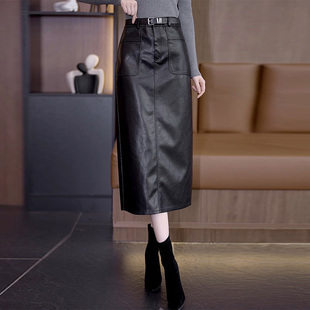 啄木鸟高腰皮裙半身裙女加绒裙子直筒裙秋冬pu皮长裙包臀一步裙