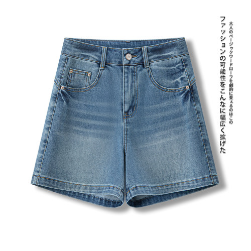 啄木鸟浅蓝色高腰直筒牛仔短裤女夏宽松弹力百搭A字休闲阔腿热裤