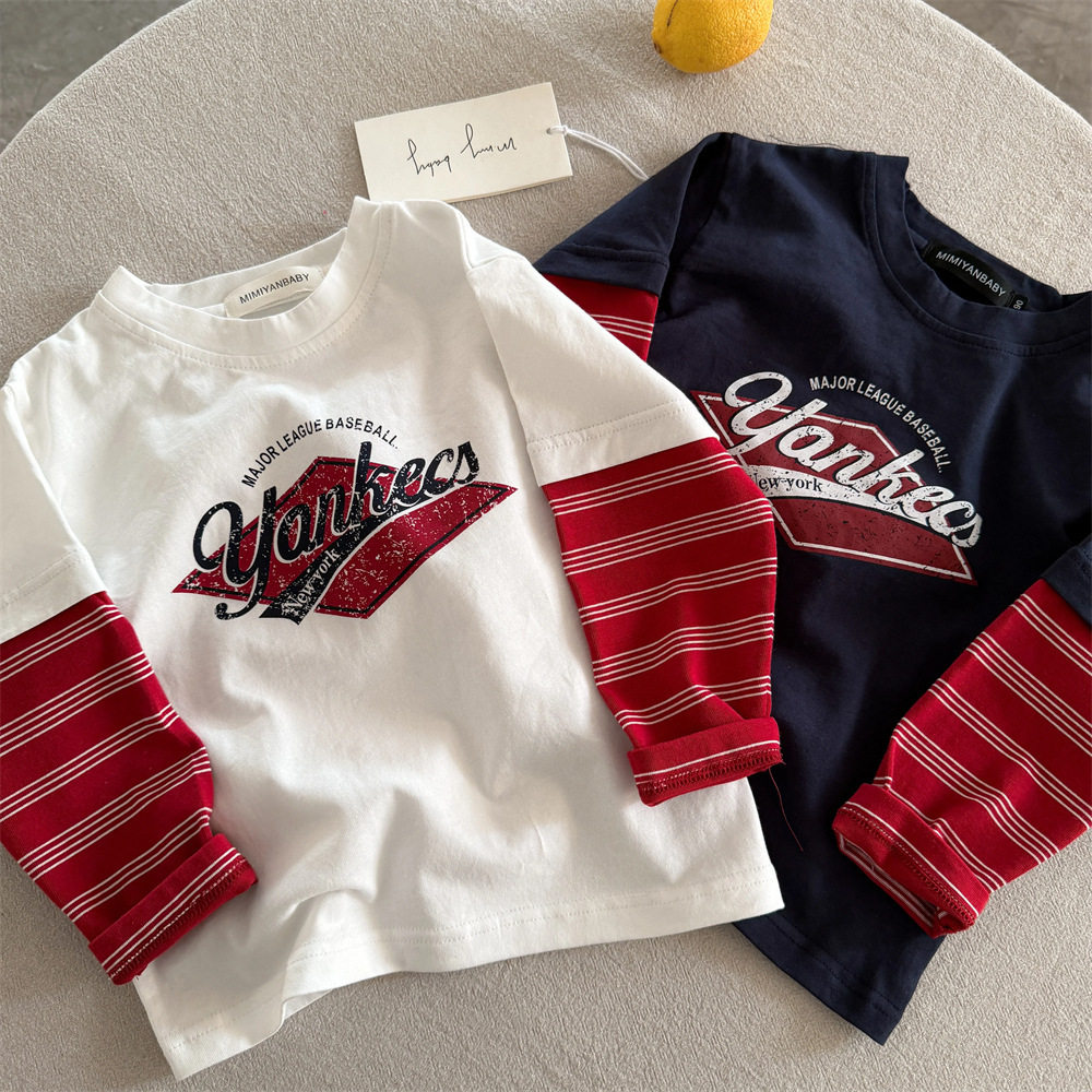 儿童长袖T恤2026早春男童韩版字母假两件宝宝小童棉质洋气打底衫