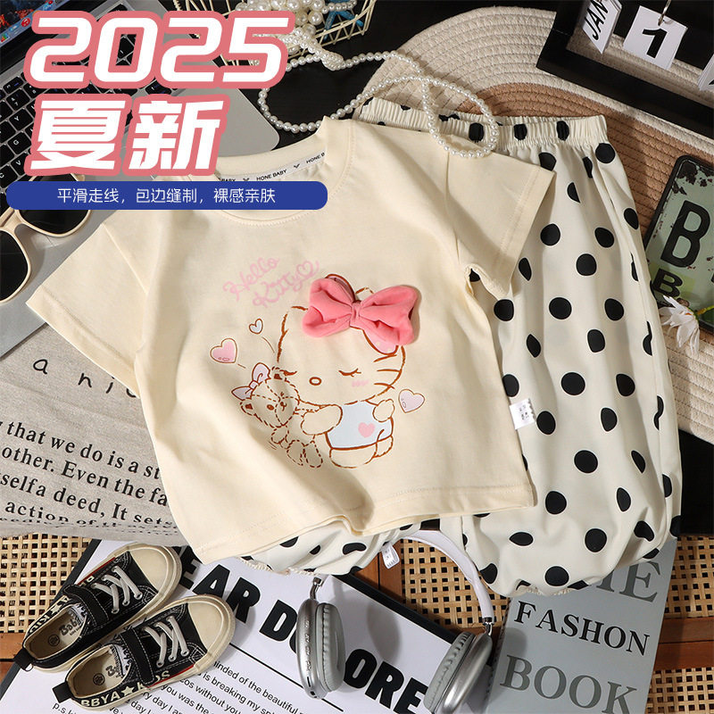 儿童夏季短袖套装女童T恤卡通纯棉波点裤子韩版女宝甜美服装a