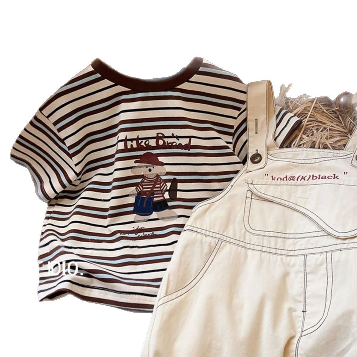 条纹控~儿童夏款复古色系咖色条纹短袖T恤男童女童棉圆领半袖上衣
