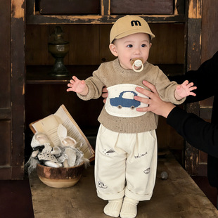 韩版婴儿衣服春装男童套装儿童宝宝卡通针织上衣新生儿毛衣两件套