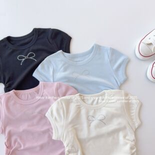 2025女童修身美式短款正肩辣妹蝴蝶结烫钻短袖T恤弹力修身上衣