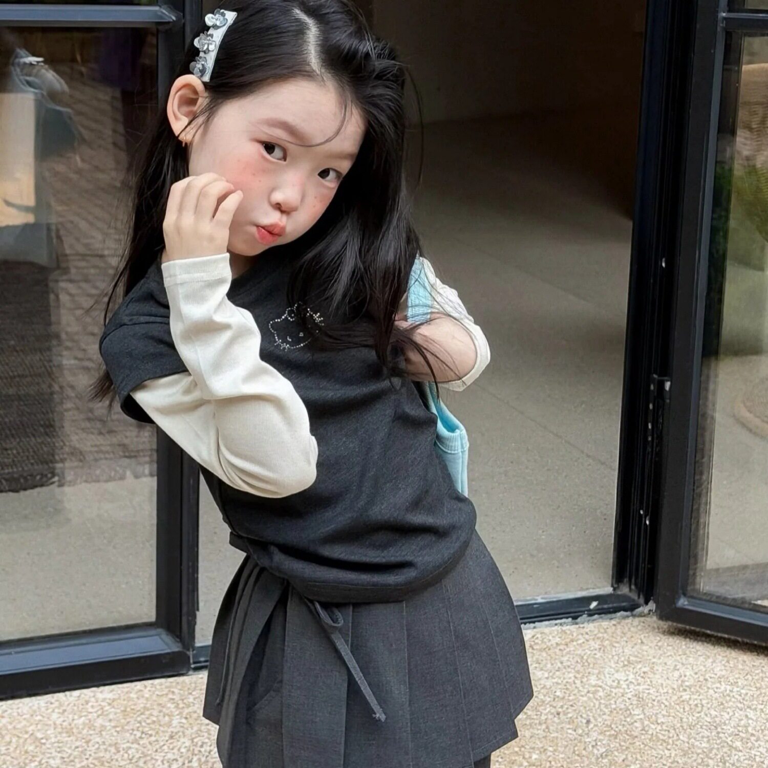 女童春装韩版假两件长袖T恤 女宝宝撞色上衣儿童春季屁帘长裤套装