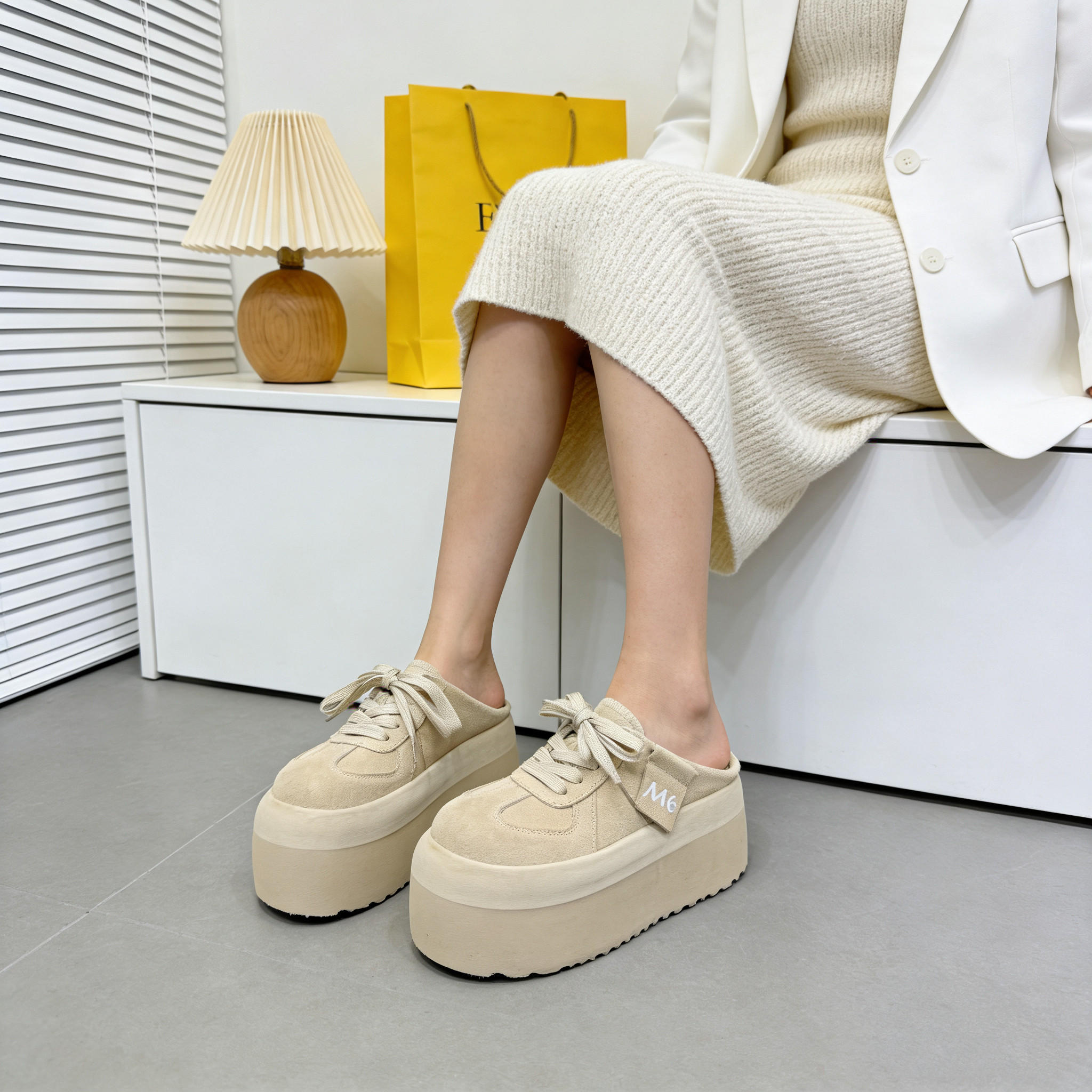 真皮磨砂牛皮丑萌大头系带厚底松糕小个子增高8cm勃肯鞋托女拖鞋