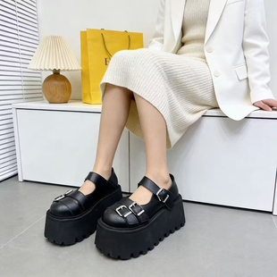 法式一字扣带小皮鞋女浅口厚底小个子增高8cm轻便罗马玛丽珍单鞋