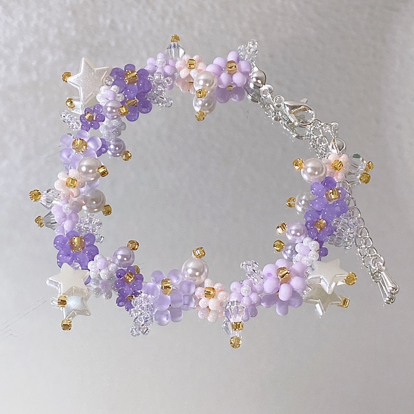 原创串珠手链夏季新款紫色紫甜美风米珠水晶珍珠花朵手链