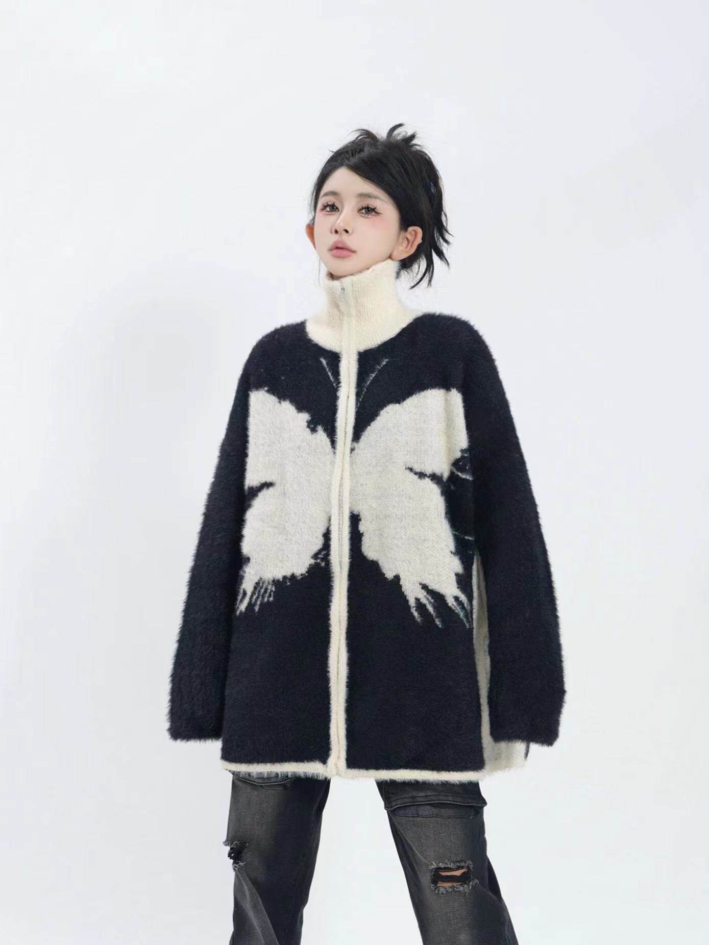 玩味KK/美式秋冬慵懒小众设计蝴蝶男女复古针织毛衣外套