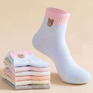 袜子女纯棉春夏款小熊刺绣女袜中筒学生时尚可爱全棉防臭ins潮袜