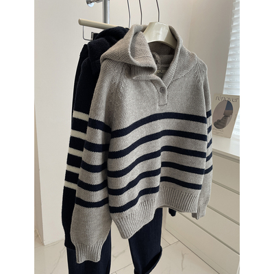 小个子条纹连帽套头毛衣