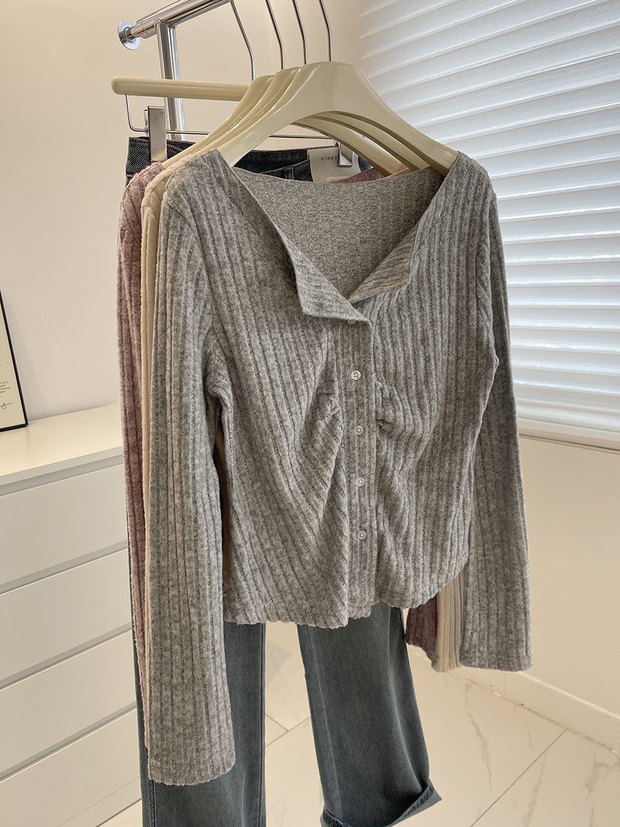 纯欲风V领显瘦针织开衫长袖T恤