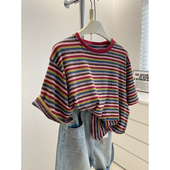 夏慵懒宽松显瘦中长大版 复古显白彩虹条纹短袖 tee女 圆领休闲T恤