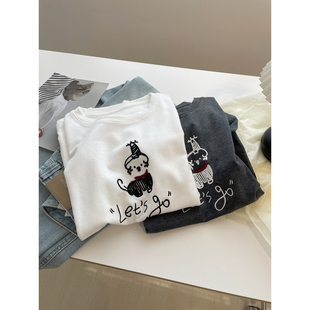 红围巾小狗绣花tee!2025春款韩系百搭宽松磨毛棉圆领休闲短袖T恤