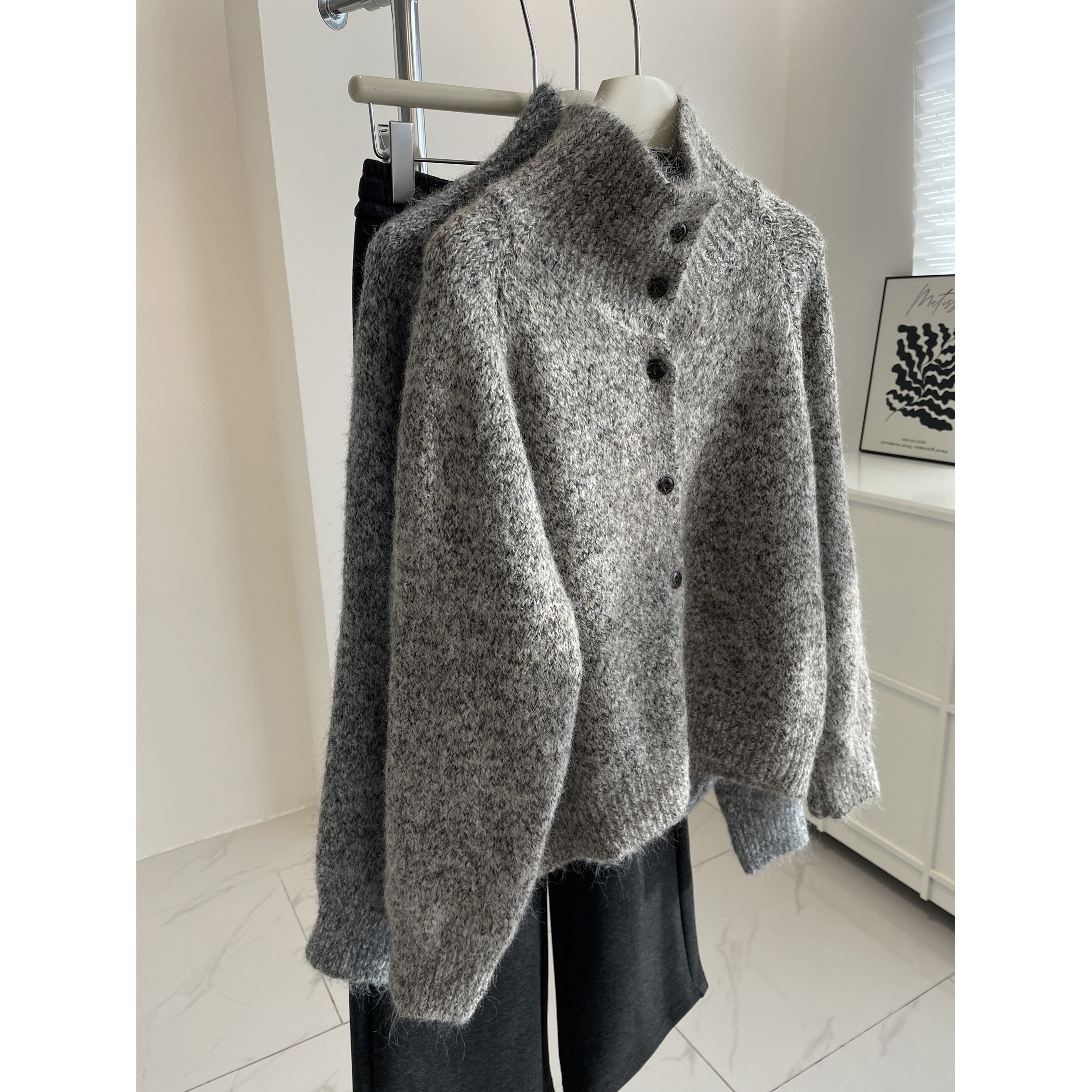 含羊毛~复古花纱立领针织开衫女！秋冬慵懒百搭宽松翻领毛衣外套