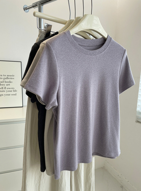 温柔显白~芋紫色圆领短袖tee女!百搭纯色羊绒感竹节棉宽松休闲T恤