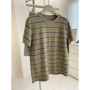 美式 夏百搭显白撞色棉麻圆领休闲上衣Tee 复古立体条纹短袖 t恤女