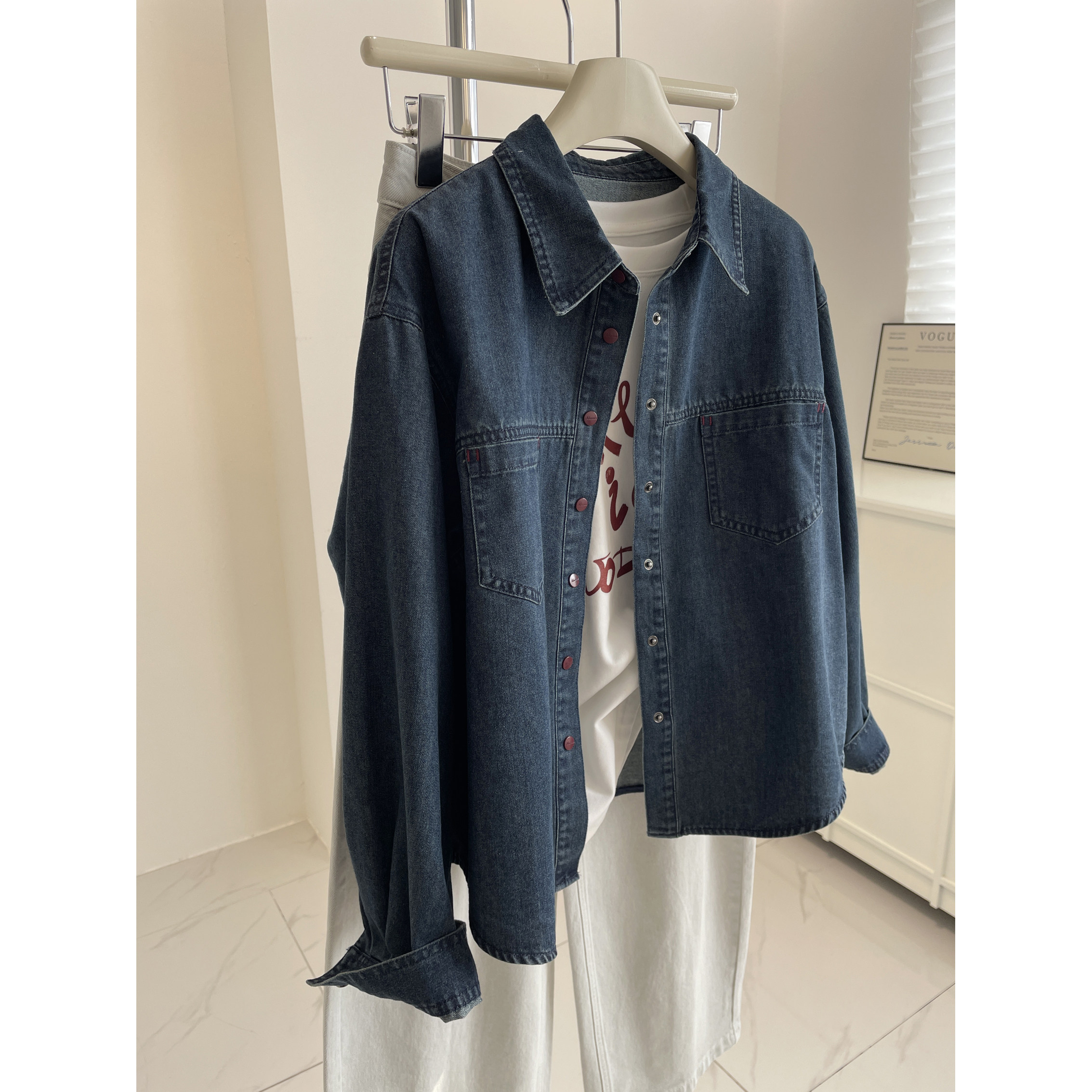 红扣复古蓝牛仔衬衫女！春季百搭显瘦小个子翻领叠穿休闲衬衣外套