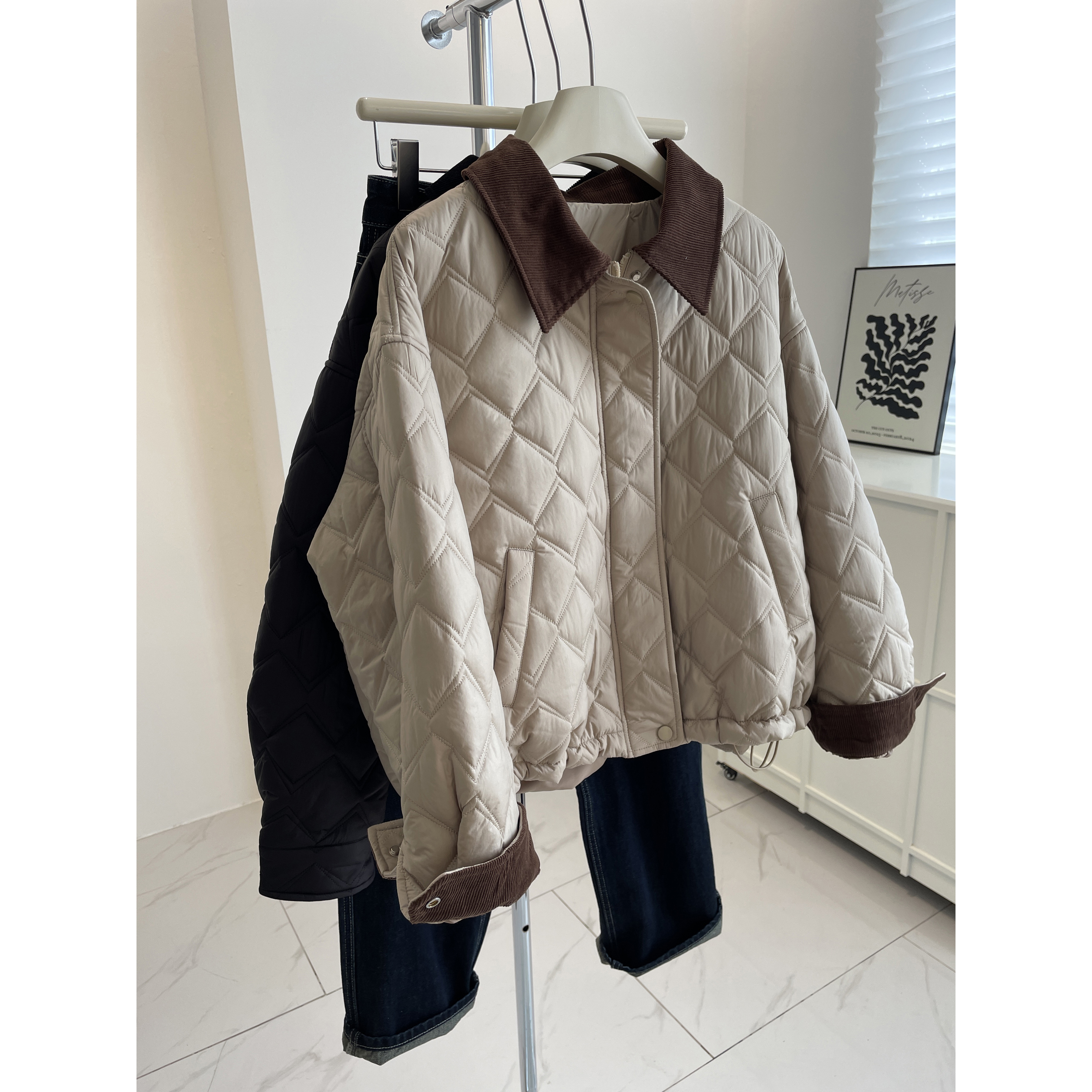 巴恩风复古菱形格翻领短款棉衣