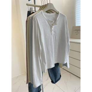 韩系门襟纽扣长袖t恤女!秋季简约百搭纯色竹节棉休闲上衣打底衫
