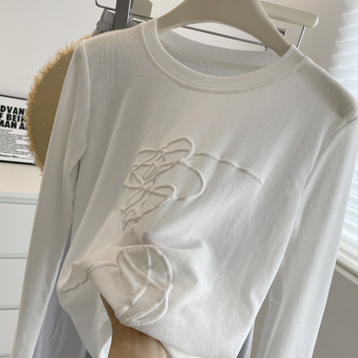 立体发泡印微透长袖t恤女!夏季百搭透气修身显瘦圆领防晒罩衫白色