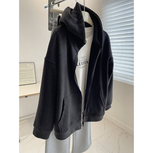 加厚磨毛绒~加绒休闲外套女!24秋冬慵懒廓形宽松大版带帽衫卫衣