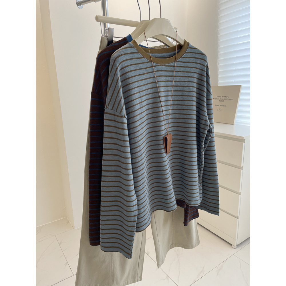 显白~松弛感韩系撞色条纹长袖