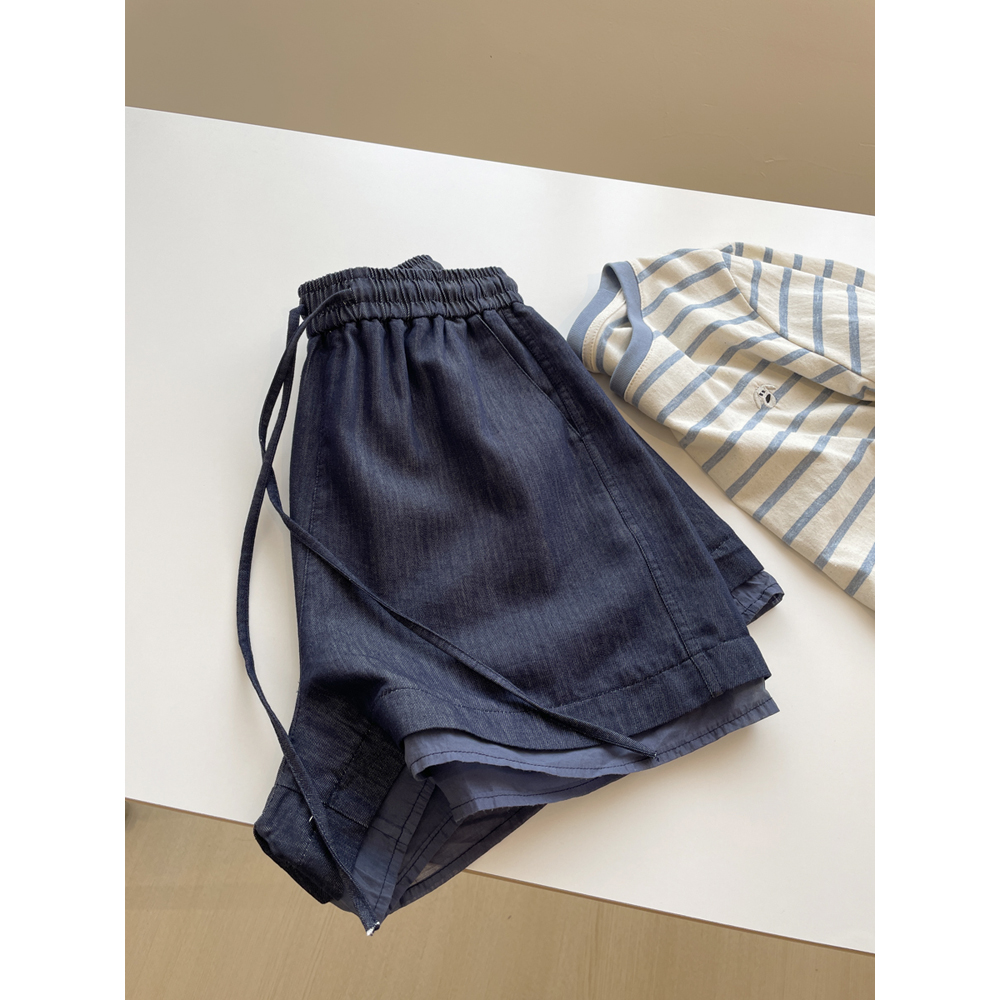 韩系木耳边阔腿牛仔短裤