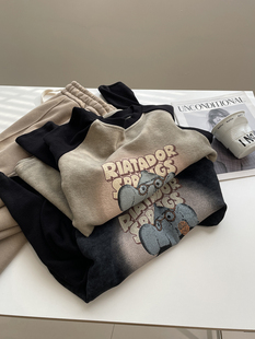 复古撞色长袖 打底衫 小个子拼袖 女 秋冬加厚磨毛绒显瘦短款 美式